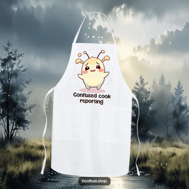 Funny apron showcasing a cheerfully confused creature with jiggling antennae spinning in circles, perfect for humorous cooking.