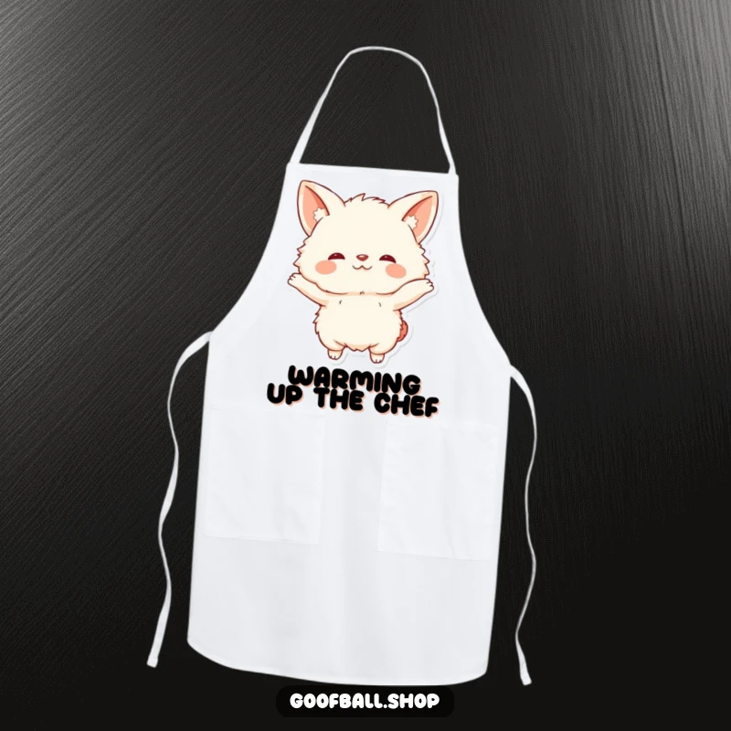 Funny Apron: A large, fluffy creature with floppy ears in a comical, exaggerated stretch, ready for kitchen duty.