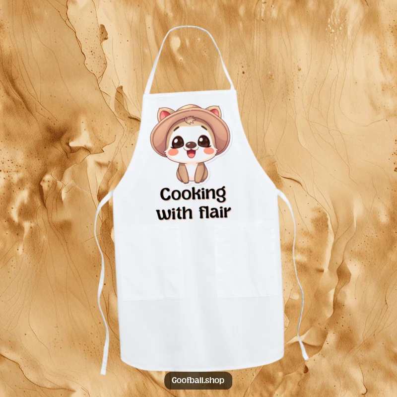 Funny Apron: A giggling animal with expressive eyes wears a comically oversized flopping hat, ready for kitchen fun.