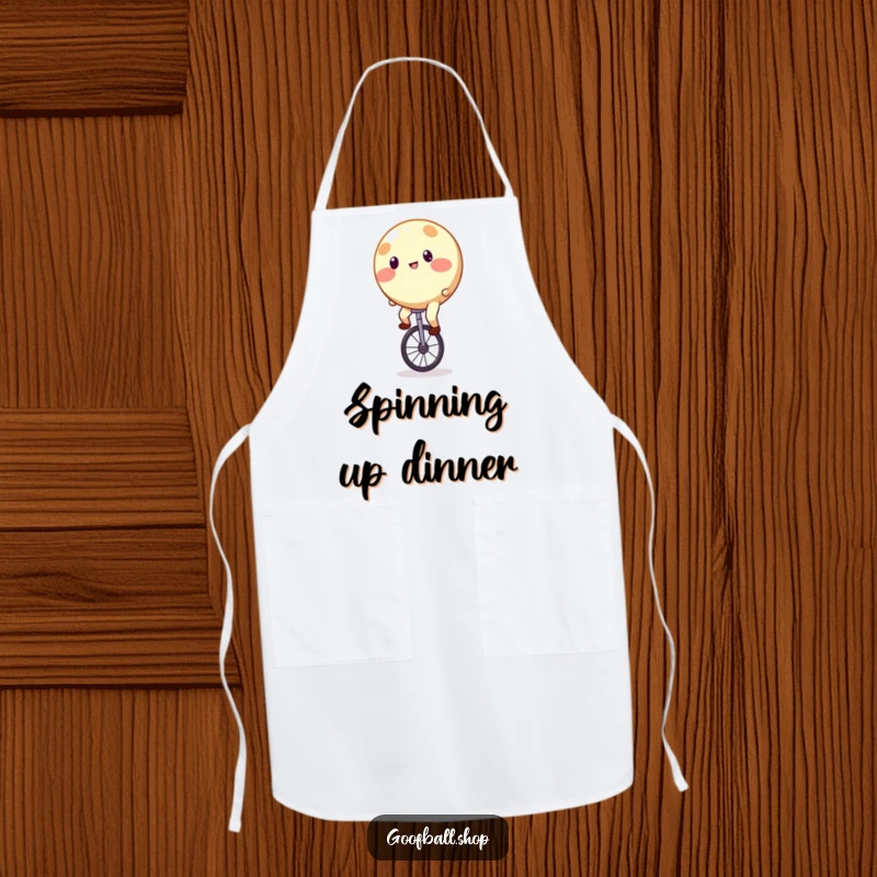Funny Apron: A round entity with bright spots precariously riding a unicycle, a comical kitchen scene.
