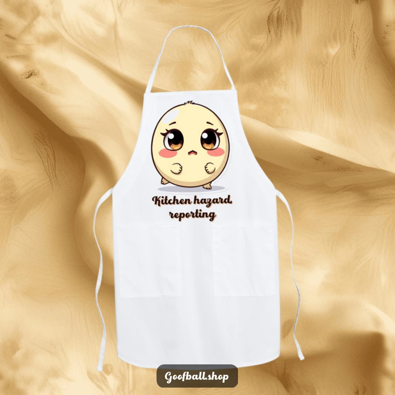 Funny apron showcasing a small, round creature with mismatched eyes tripping and looking surprised, perfect for humorous cooking.