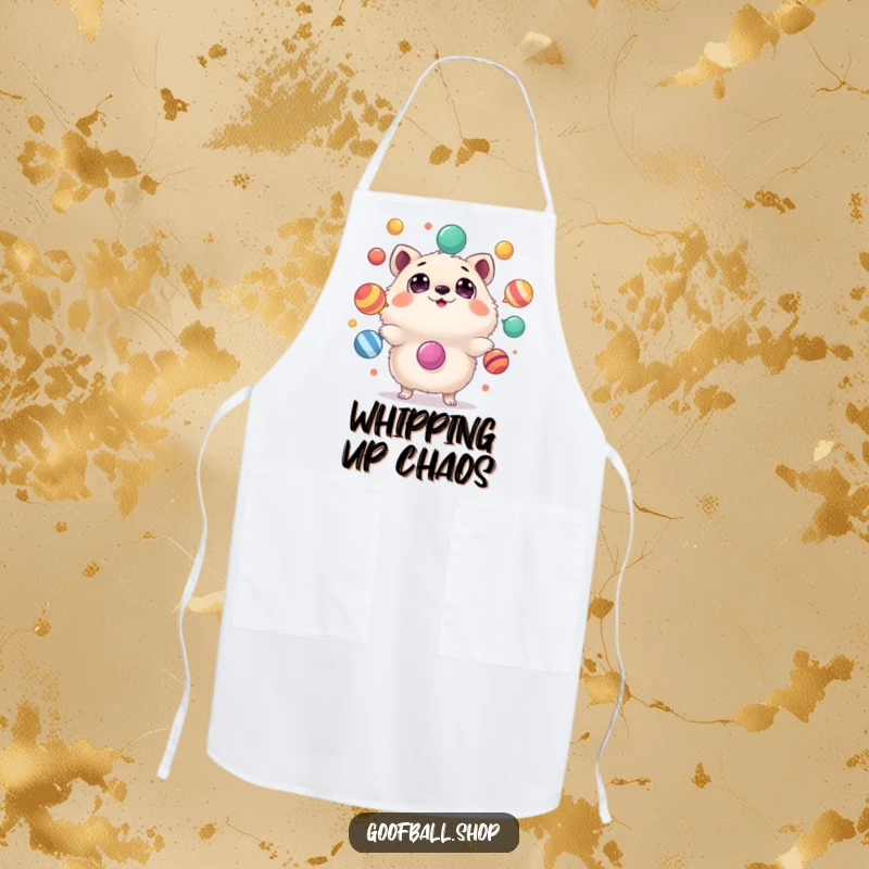 Funny Apron: A round, fluffy animal with astonished eyes is juggling colorful, wobbling objects, ready for kitchen mayhem.