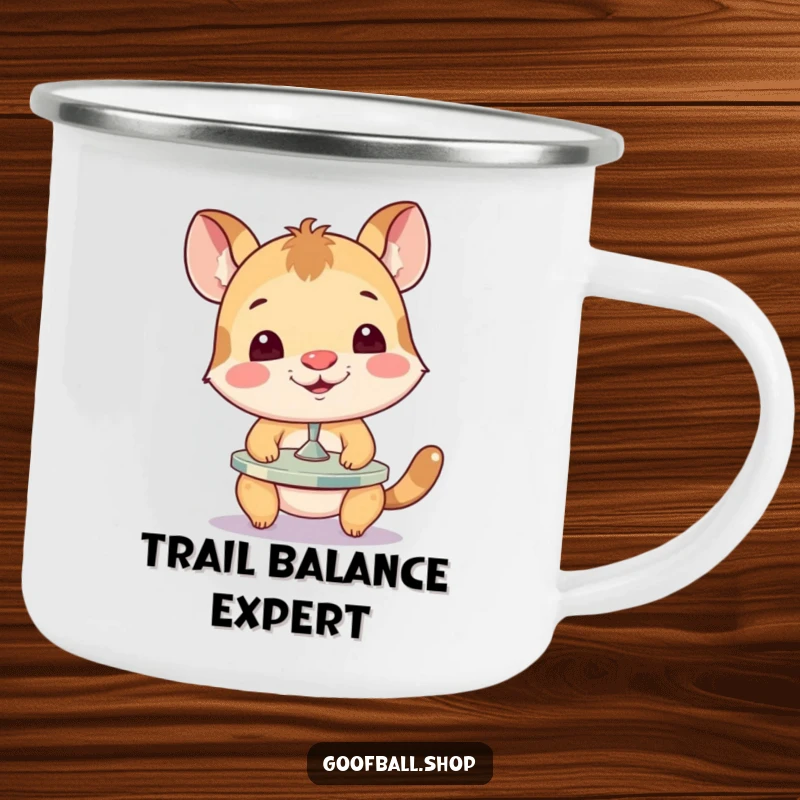 Funny Camping Mug with a determined animal balancing a spinning plate on its nose, enjoying the wilderness with a comical circus act.
