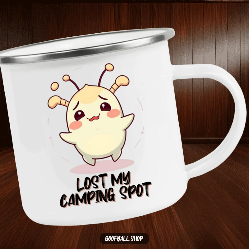 Funny camping mug showing a cheerfully confused creature with jiggling antennae spinning in circles, for humorous outdoor drinks.