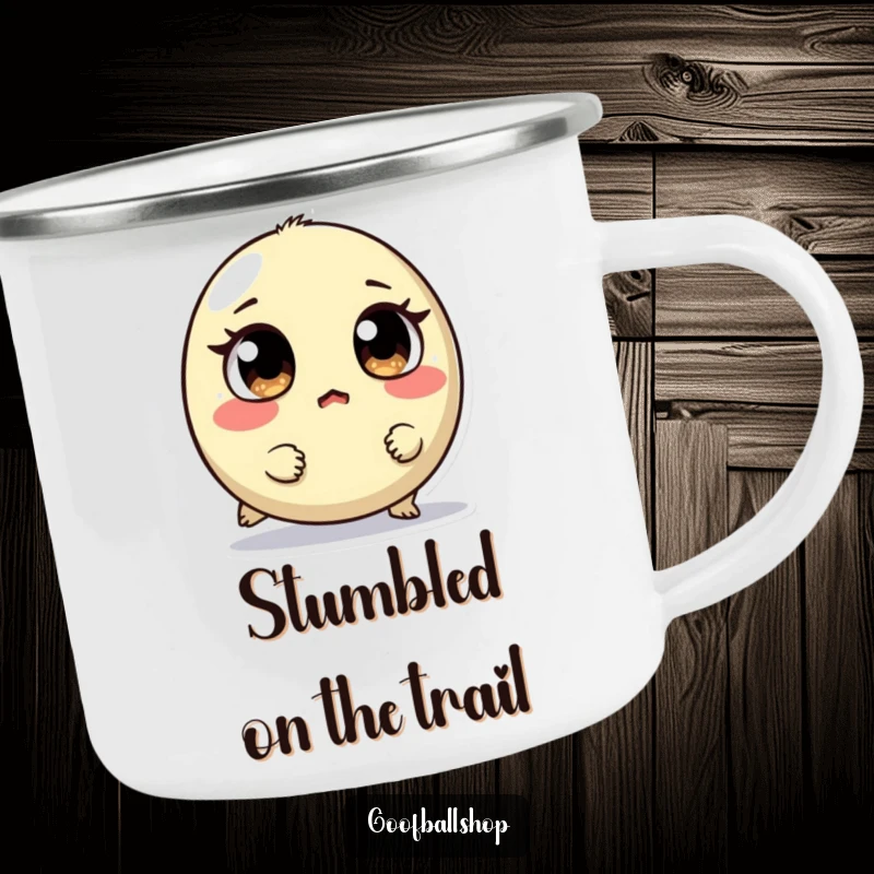 Funny camping mug showing a small, round creature with mismatched eyes tripping and looking surprised, for humorous outdoor drinks.