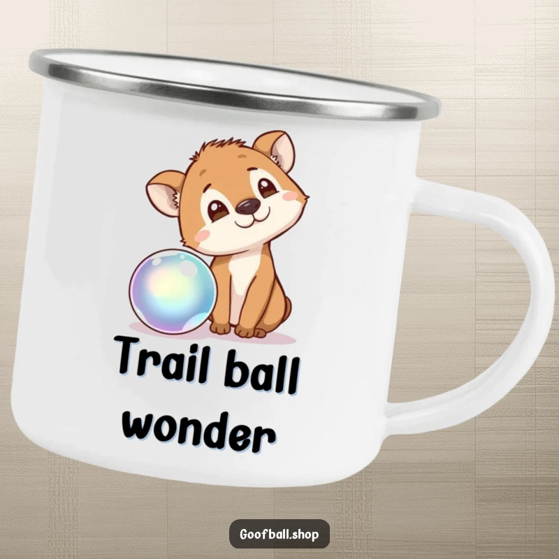 Funny Camping Mug with a curious animal tilting its head, intently watching a bouncing, iridescent ball, ready for exploration.