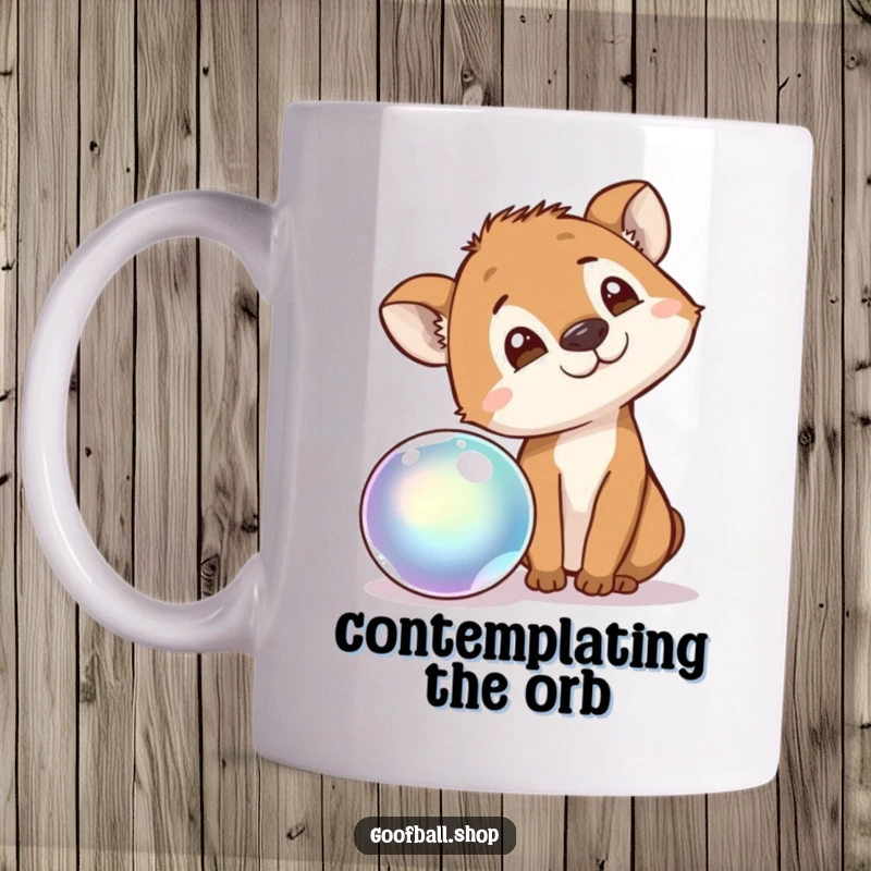 Funny Mug displaying a curious animal tilting its head in fascination at a brightly colored, iridescent bouncing ball.