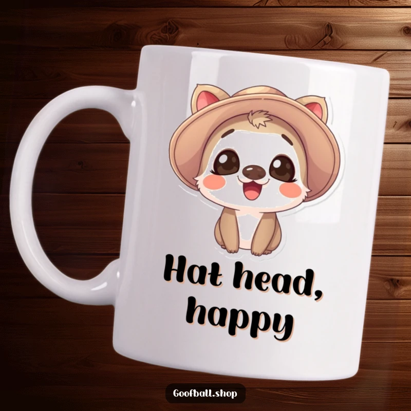 Funny Mug: A giggling animal with large, expressive eyes wears a comically oversized, floppy hat, radiating pure joy.