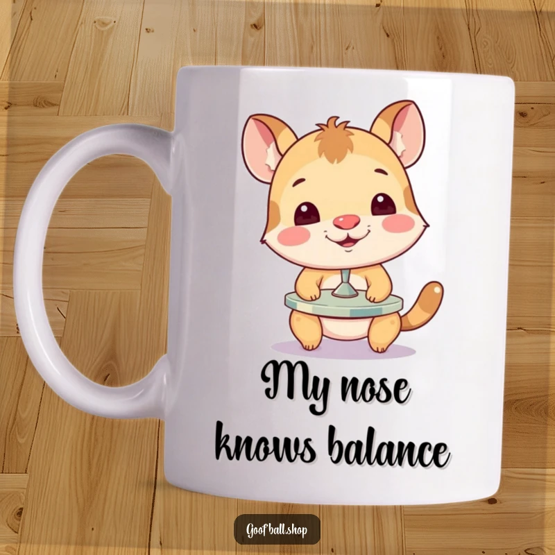 Funny Mug featuring a playful animal hilariously attempting to balance a spinning plate on its nose, showcasing determination and silliness.