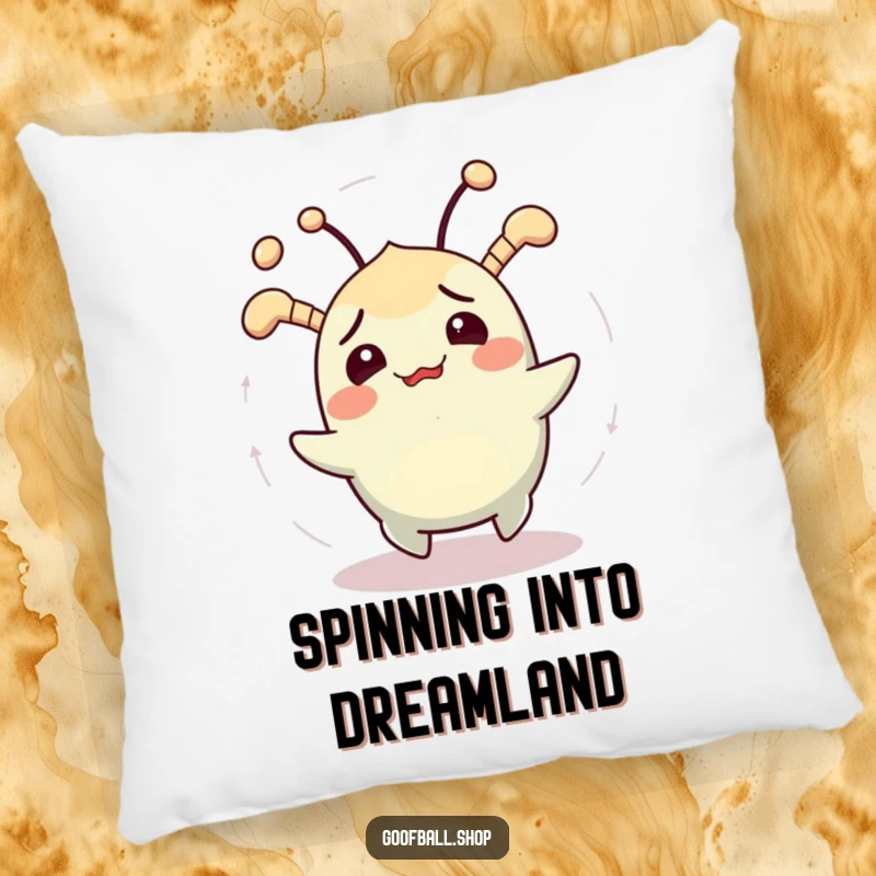Funny pillow featuring a cheerfully confused creature with jiggling antennae spinning in circles, adding humorous comfort.