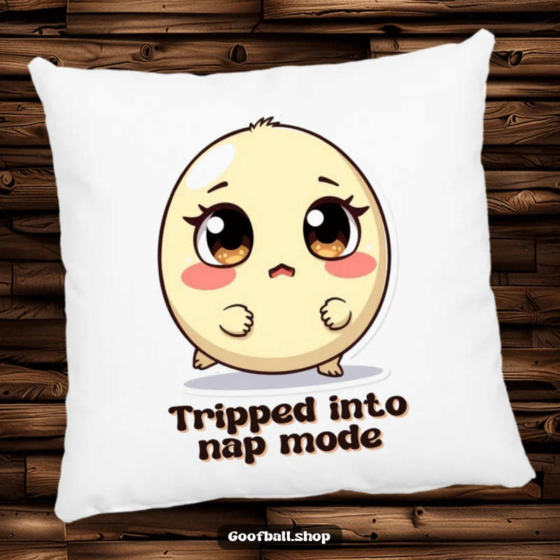 Funny pillow featuring a small, round creature with mismatched eyes tripping and looking surprised, adding humorous comfort.