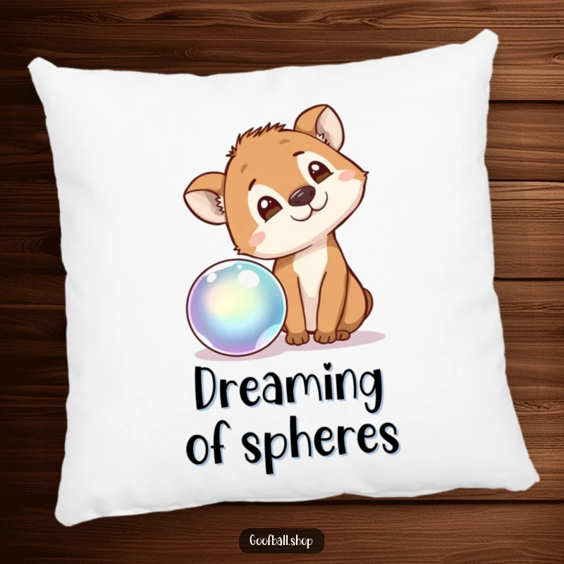 Funny Pillow depicting a curious animal tilting its head, observing a shiny, bouncing, iridescent ball with intense fascination.