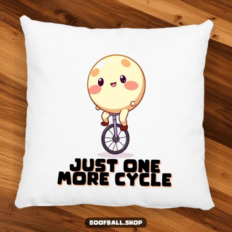 Funny Pillow featuring a round, brightly spotted character hilariously attempting to balance on a unicycle.