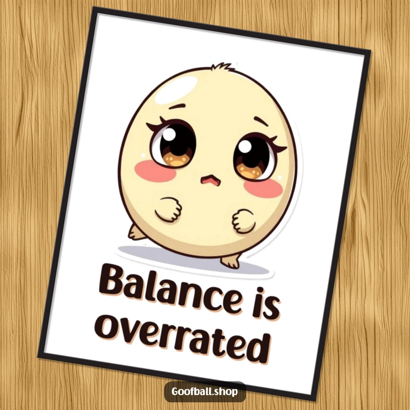 Funny digital art print of a small, round creature with mismatched eyes tripping and looking surprised, for instant humorous decor.