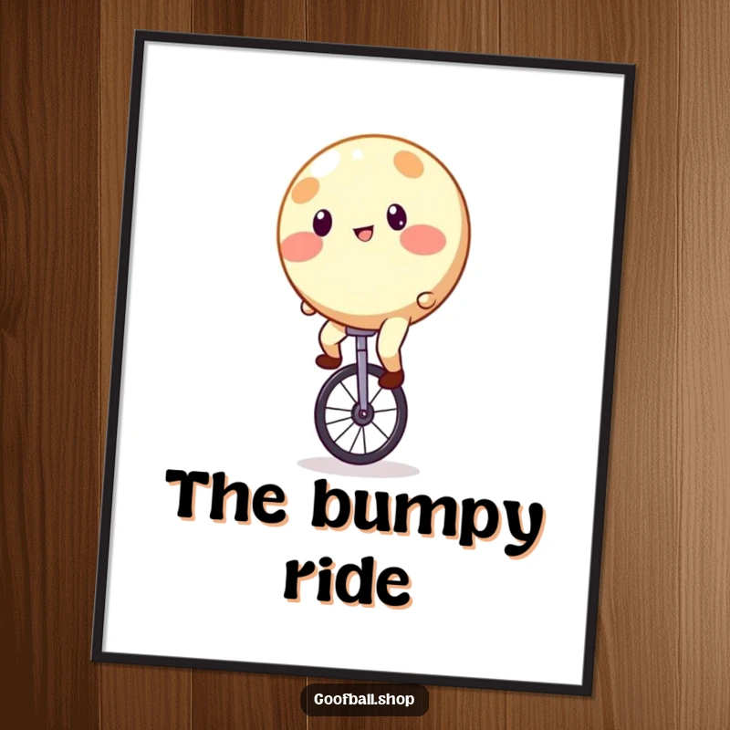 Funny Digital Art Print: A round, spotty entity wobbling precariously while attempting to ride a unicycle.