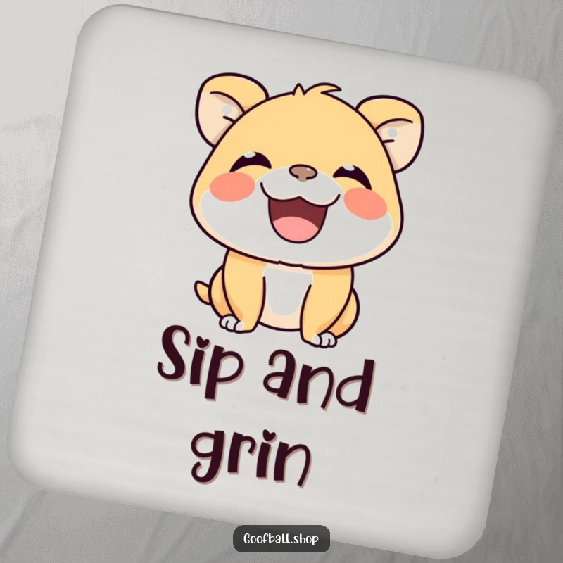 Funny Drink Coaster showing a happy animal's wide grin, representing silent squeaks of joy and adding cheer to your table.