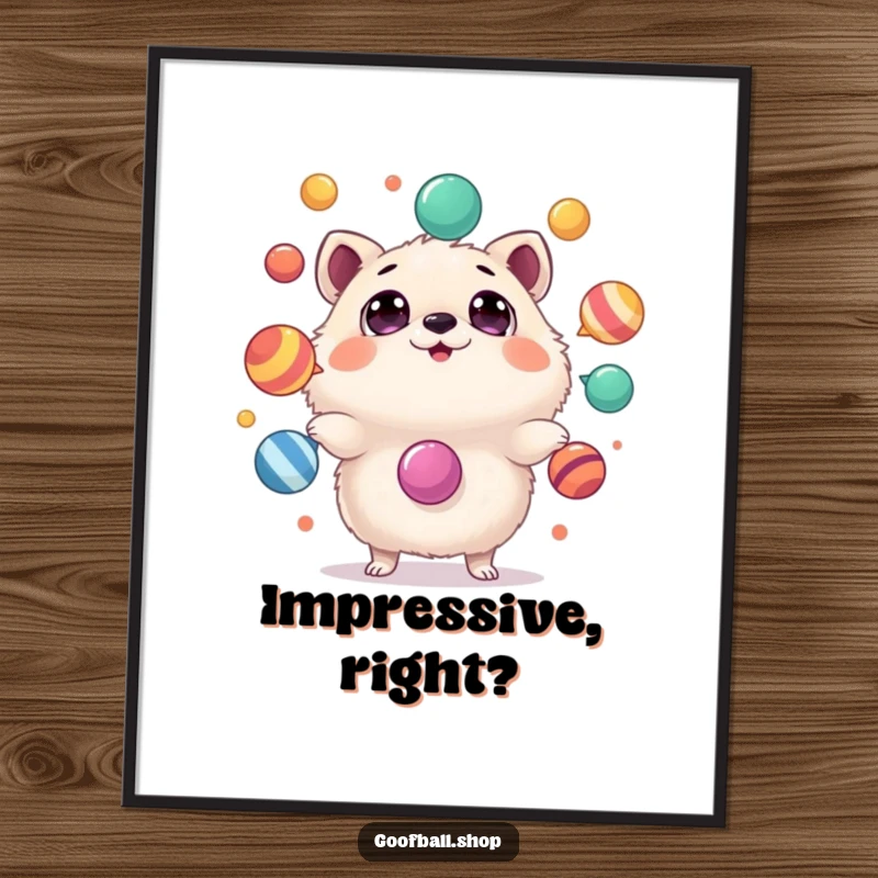 Funny Poster: A fluffy, round animal with huge, astonished eyes is comically juggling several colorful, wobbly objects.