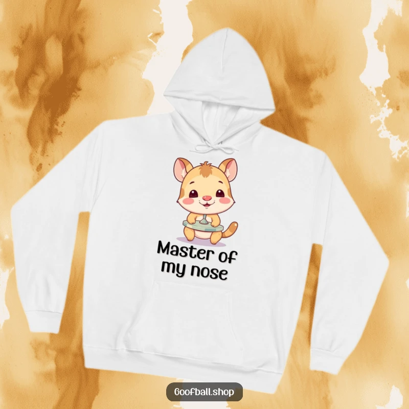 Funny Hoodie with a cute animal attempting to balance a spinning plate on its nose, expressing dedication to a silly circus trick.