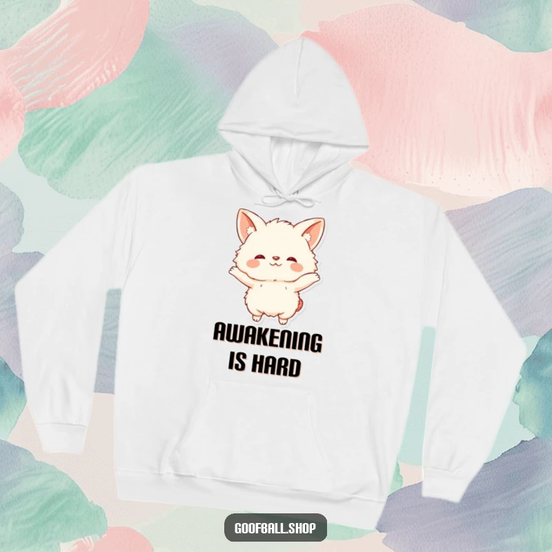 Funny Hoodie featuring a fluffy creature with huge floppy ears in a comical, over-the-top stretching pose.