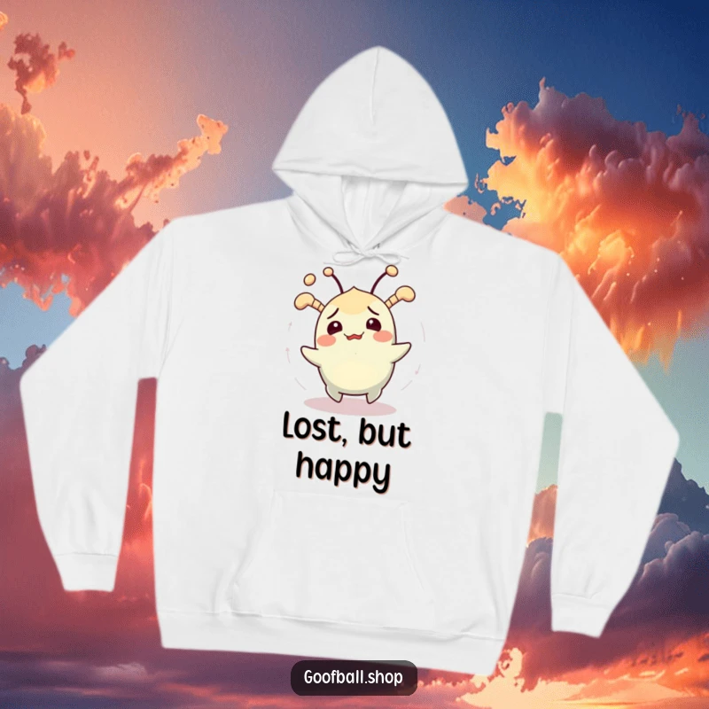 Funny hoodie showing a cheerfully confused creature with jiggling antennae spinning in circles, perfect for cozy, humorous relaxation.