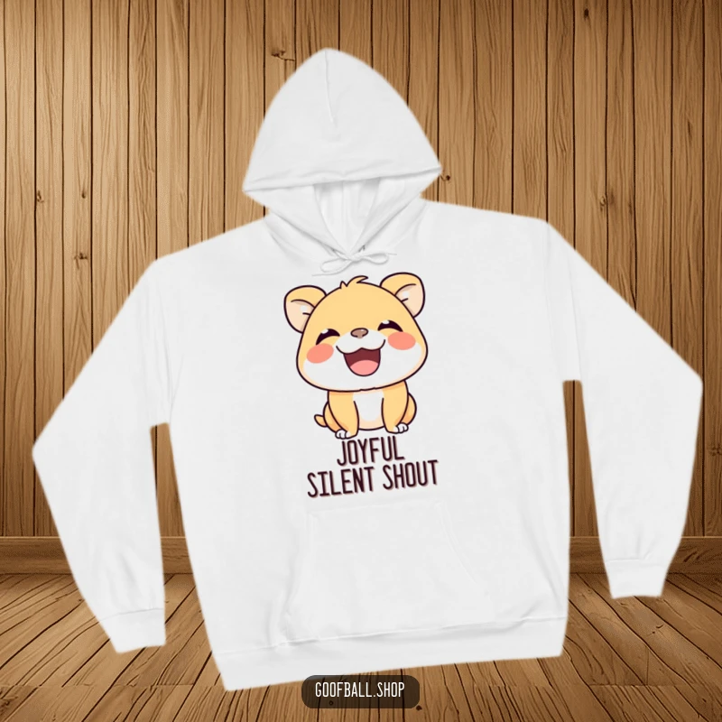 Funny Hoodie depicting a delighted animal with a wide, happy grin, radiating silent, jubilant squeaks of pure happiness.