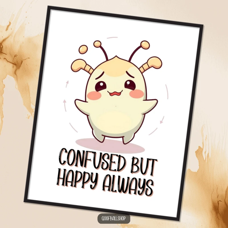 Funny Free Printable Wall Art: Cheerful confused creature, jiggling antennae, spinning in circles, whimsical art, downloadable.