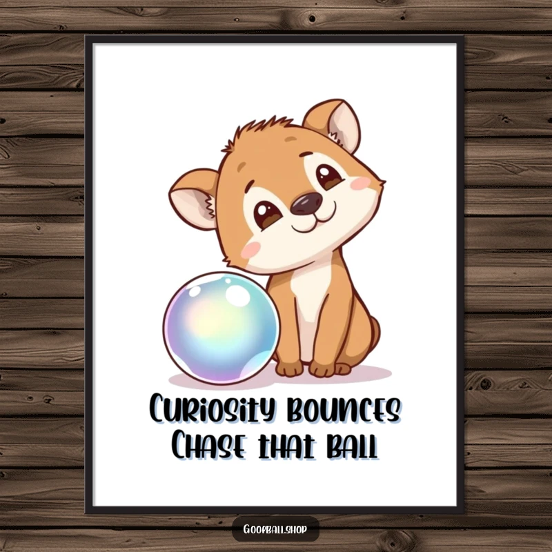 Funny Free Printable Wall Art: A curious animal tilting its head, intently watching a captivating, bouncing iridescent ball.