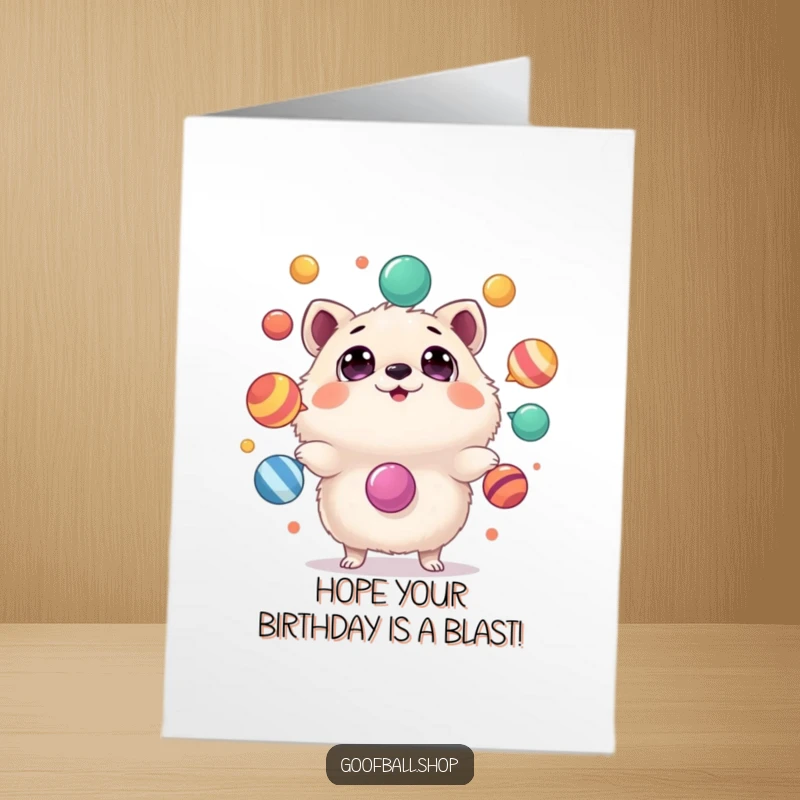 Funny Free Printable Birthday Card: Round, fluffy animal with astonished eyes juggling colorful, wobbling objects, celebrating joyfully.