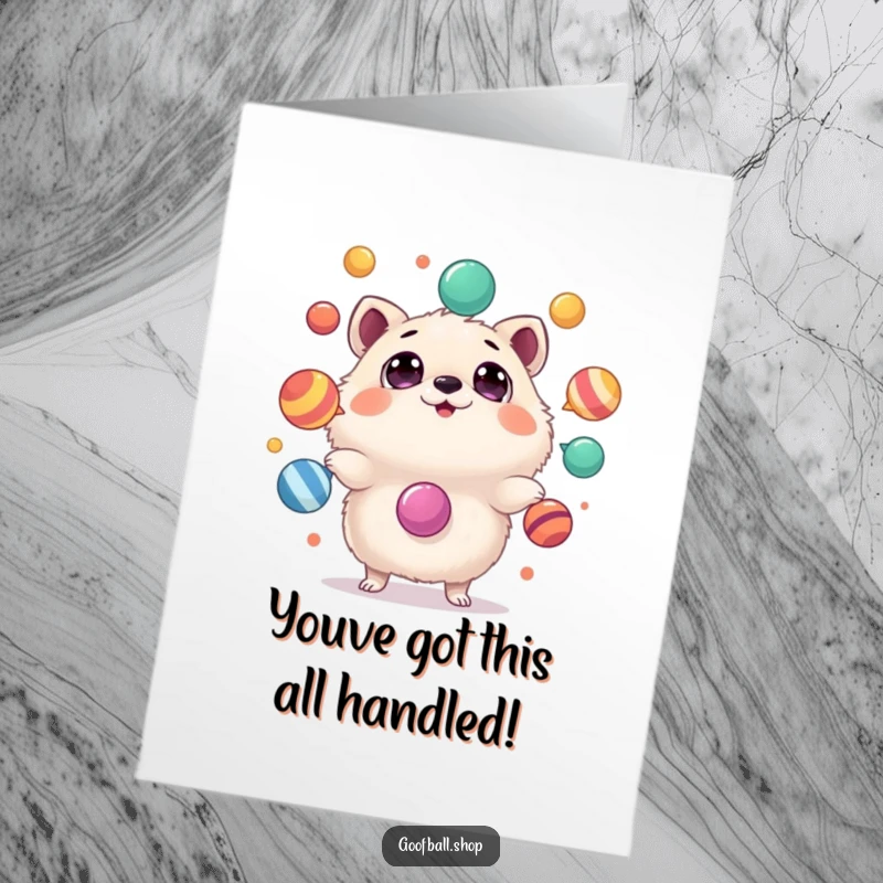 Funny Free Printable Congrats Card: Astonished animal juggling multiple colorful objects, celebrating a successful feat.