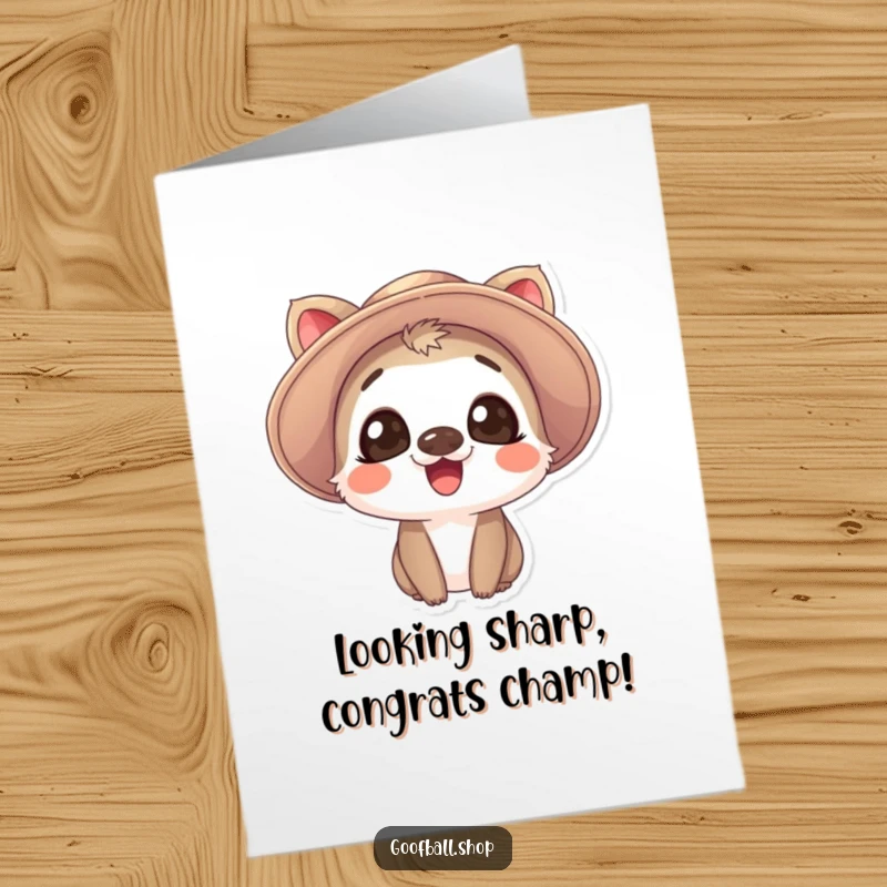 Funny Free Printable Congrats Card: Giggling animal with expressive eyes in a large floppy hat, celebrating victory.