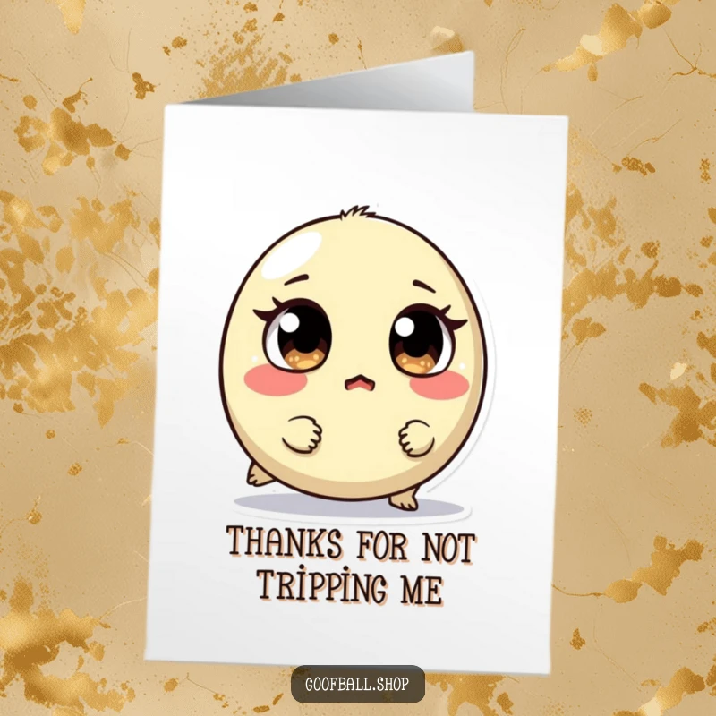 Funny Free Printable Thank You Card: Round creature, mismatched eyes, tripping, surprised expression, thank you note, downloadable.