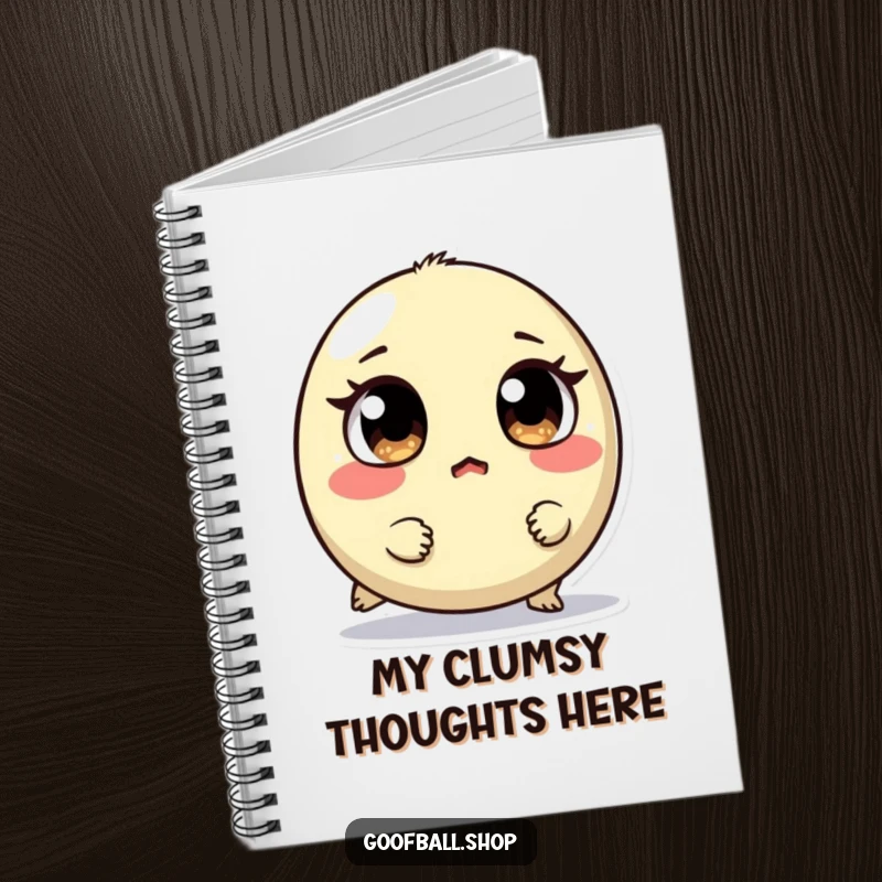 Funny notebook featuring a small, round creature with mismatched eyes tripping and looking surprised, for jotting down humorous thoughts.