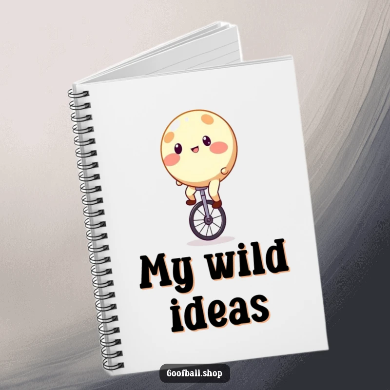 Funny Notebook cover: A round entity with bright spots attempting to ride a unicycle with comical instability.