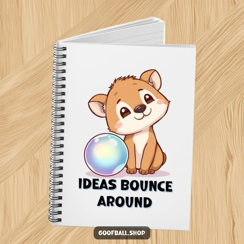 Funny Notebook cover with a curious animal tilting its head, observing a bouncing, iridescent ball, encouraging observation and thought.
