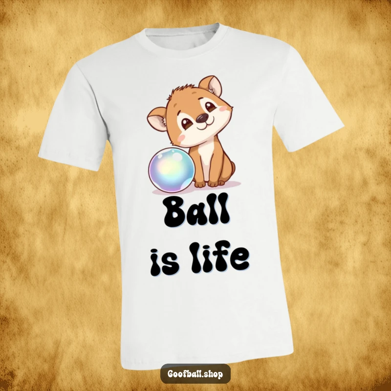 Funny T-Shirt featuring a cute animal tilting its head, intensely observing a bouncing, iridescent ball with cute curiosity.