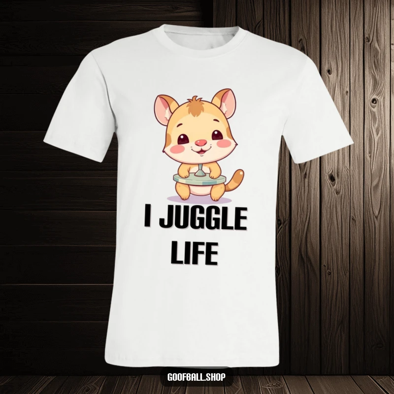 Funny T-Shirt showing a determined animal struggling to keep a spinning plate balanced on its nose, a comical display of skill.