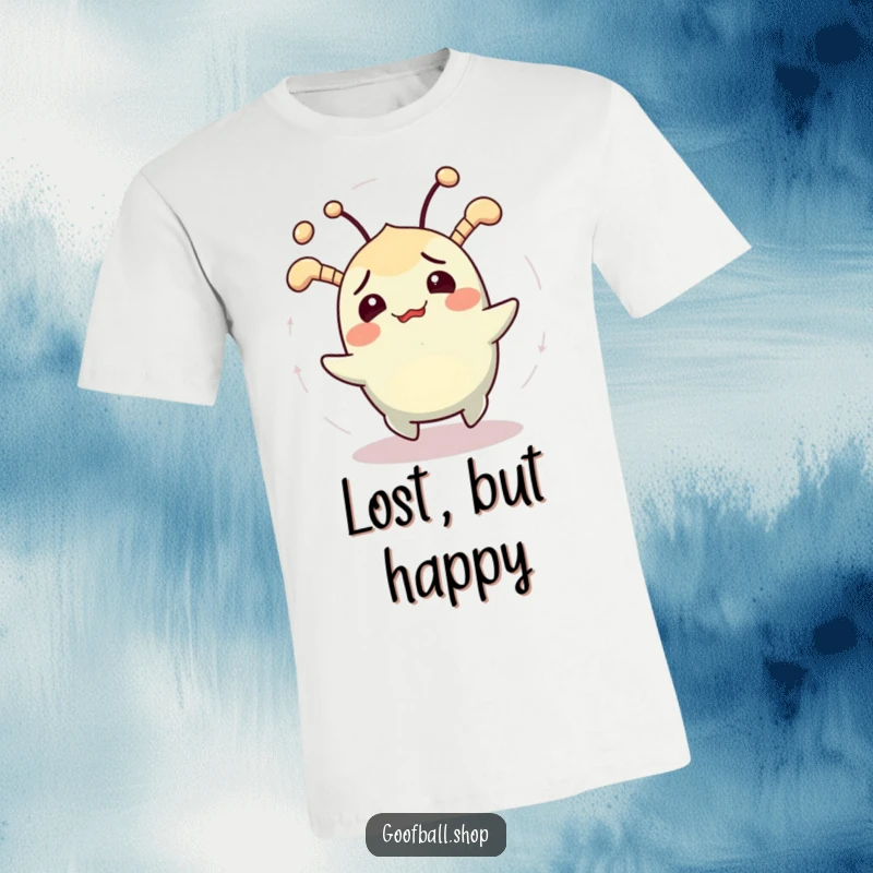Funny t-shirt featuring a cheerfully confused creature with jiggling antennae spinning in circles, showcasing whimsical disorientation.