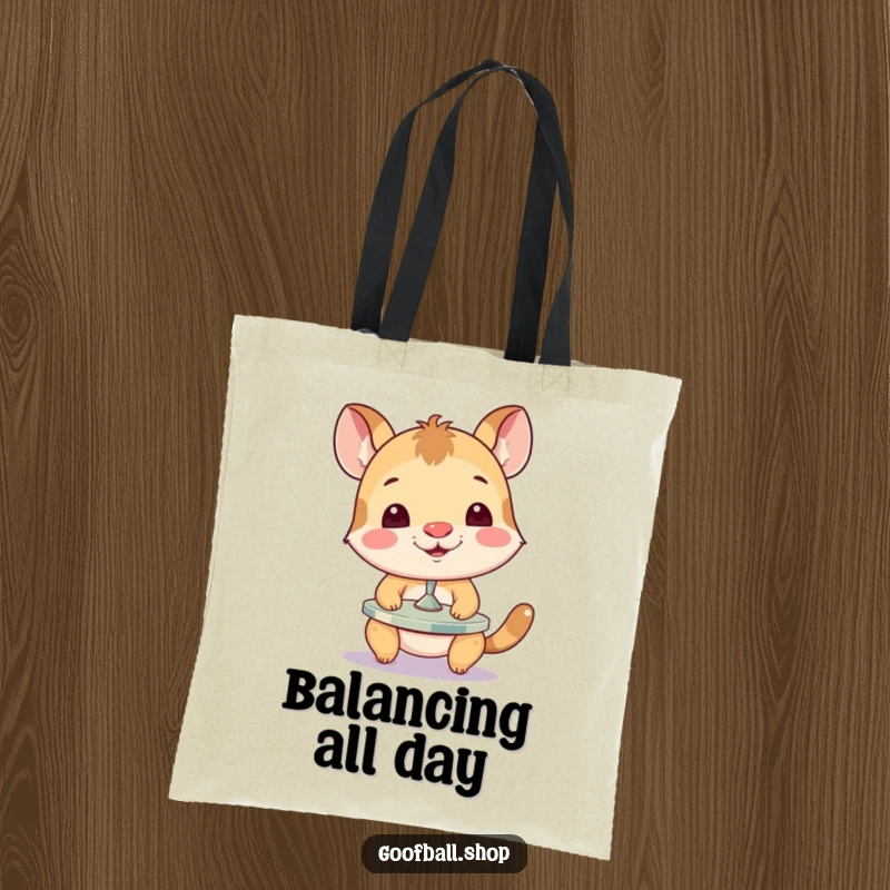 Funny Tote Bag showcasing a determined animal balancing a spinning plate on its nose, ready for any circus-like task.